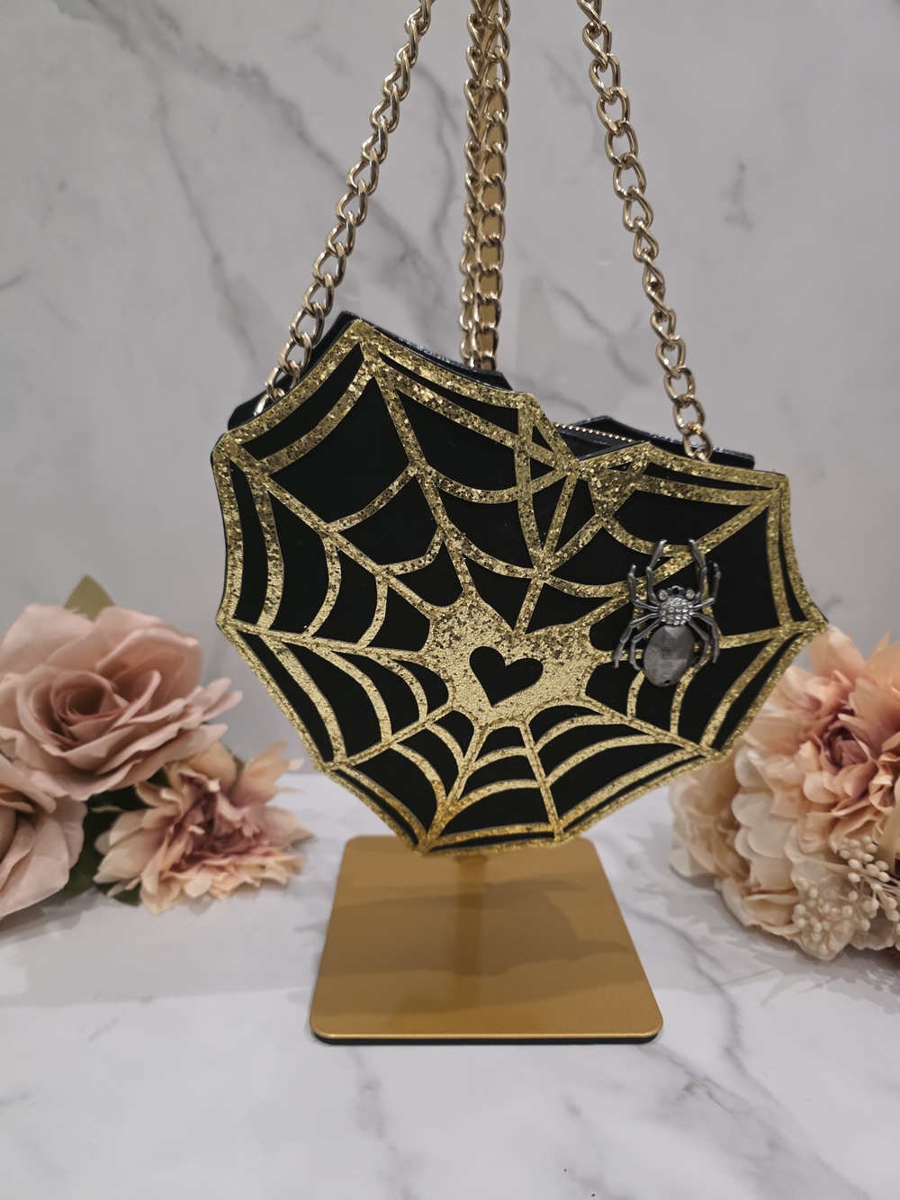 Betsey Johnson Black and Gold Spiderweb Crossbody Bag
